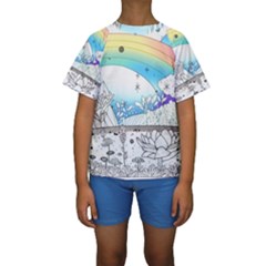 Rainbow Fun Cute Minimal Doodle Drawing Kids  Short Sleeve Swimwear