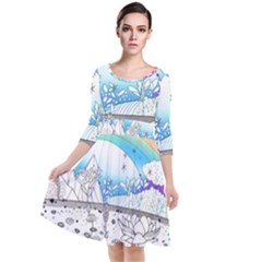 Rainbow Fun Cute Minimal Doodle Drawing Quarter Sleeve Waist Band Dress