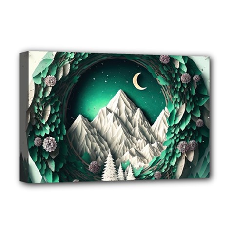 Christmas Wreath Winter Mountains Snow Stars Moon Deluxe Canvas 18  X 12  (stretched)