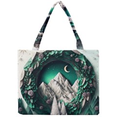 Christmas Wreath Winter Mountains Snow Stars Moon Mini Tote Bag by Ravend