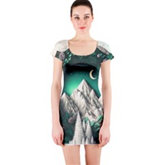 Christmas Wreath Winter Mountains Snow Stars Moon Short Sleeve Bodycon Dress