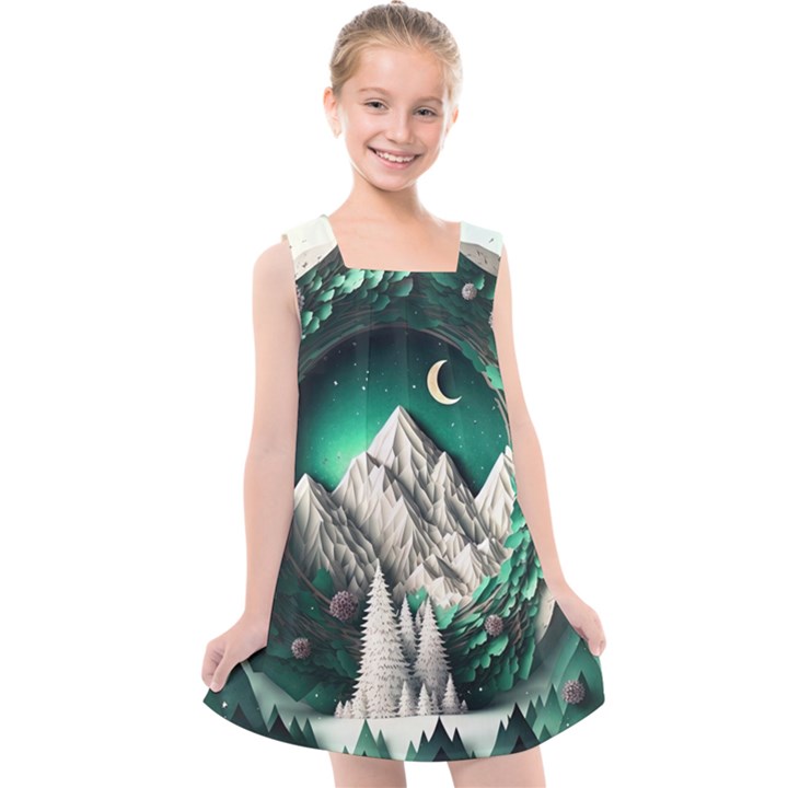 Christmas Wreath Winter Mountains Snow Stars Moon Kids  Cross Back Dress