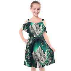 Christmas Wreath Winter Mountains Snow Stars Moon Kids  Cut Out Shoulders Chiffon Dress by Ravend