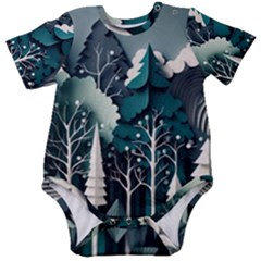 Forest Papercraft Trees Background Baby Short Sleeve Bodysuit by Ravend