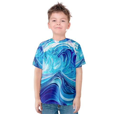 Tsunami Waves Ocean Sea Nautical Nature Water Kids  Cotton Tee by Ravend