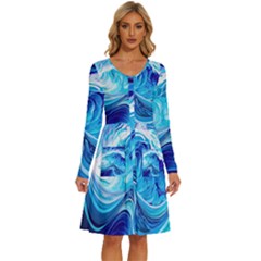 Tsunami Waves Ocean Sea Nautical Nature Water Long Sleeve Dress With Pocket