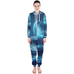 Moonlight High Tide Storm Tsunami Waves Ocean Sea Hooded Jumpsuit (ladies) by Ravend