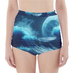 Moonlight High Tide Storm Tsunami Waves Ocean Sea High-waisted Bikini Bottoms