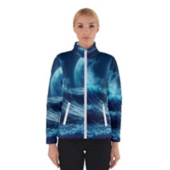 Moonlight High Tide Storm Tsunami Waves Ocean Sea Women s Bomber Jacket by Ravend