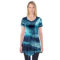 Moonlight High Tide Storm Tsunami Waves Ocean Sea Short Sleeve Tunic  by Ravend