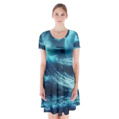 Moonlight High Tide Storm Tsunami Waves Ocean Sea Short Sleeve V-neck Flare Dress