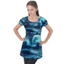 Moonlight High Tide Storm Tsunami Waves Ocean Sea Puff Sleeve Tunic Top View1