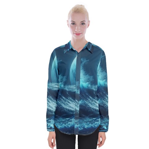 Moonlight High Tide Storm Tsunami Waves Ocean Sea Womens Long Sleeve Shirt by Ravend