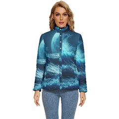 Moonlight High Tide Storm Tsunami Waves Ocean Sea Women s Puffer Bubble Jacket Coat by Ravend