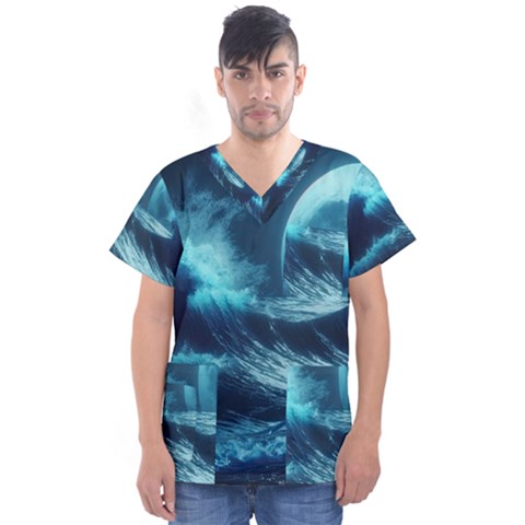 Moonlight High Tide Storm Tsunami Waves Ocean Sea Men s V-neck Scrub Top by Ravend