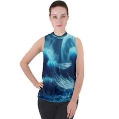 Moonlight High Tide Storm Tsunami Waves Ocean Sea Mock Neck Chiffon Sleeveless Top