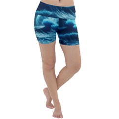 Moonlight High Tide Storm Tsunami Waves Ocean Sea Lightweight Velour Yoga Shorts by Ravend