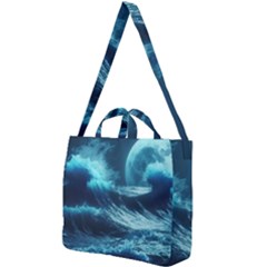 Moonlight High Tide Storm Tsunami Waves Ocean Sea Square Shoulder Tote Bag by Ravend