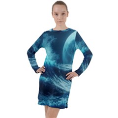 Moonlight High Tide Storm Tsunami Waves Ocean Sea Long Sleeve Hoodie Dress