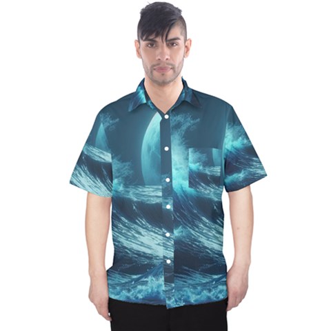 Moonlight High Tide Storm Tsunami Waves Ocean Sea Men s Hawaii Shirt by Ravend