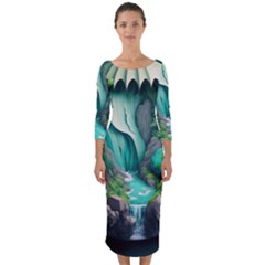 Waterfall Jungle Nature Paper Craft Trees Tropical Quarter Sleeve Midi Bodycon Dress by Ravend