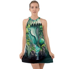 Waterfall Jungle Nature Paper Craft Trees Tropical Halter Tie Back Chiffon Dress