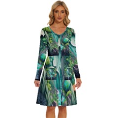 Waterfall Jungle Nature Paper Craft Trees Tropical Long Sleeve Dress With Pocket