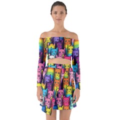 Cats Rainbow Pattern Colorful Feline Pets Off Shoulder Top With Skirt Set by Ravend