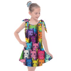 Cats Rainbow Pattern Colorful Feline Pets Kids  Tie Up Tunic Dress by Ravend