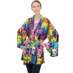 Cats Rainbow Pattern Colorful Feline Pets Long Sleeve Velvet Kimono 