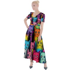 Cats Rainbow Pattern Colorful Feline Pets Button Up Short Sleeve Maxi Dress