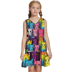 Cats Rainbow Pattern Colorful Feline Pets Kids  Sleeveless Tiered Mini Dress by Ravend