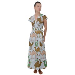 Camels-cactus-desert-pattern Flutter Sleeve Maxi Dress by Salman4z