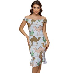 Camels-cactus-desert-pattern Off Shoulder Ruffle Split Hem Bodycon Dress by Salman4z