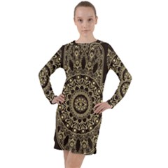 Hamsa-hand-drawn-symbol-with-flower-decorative-pattern Long Sleeve Hoodie Dress by Salman4z