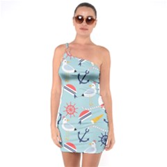 Nautical-marine-symbols-seamless-pattern One Shoulder Ring Trim Bodycon Dress