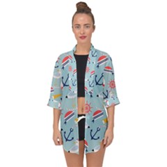 Nautical-marine-symbols-seamless-pattern Open Front Chiffon Kimono