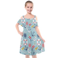 Nautical-marine-symbols-seamless-pattern Kids  Cut Out Shoulders Chiffon Dress