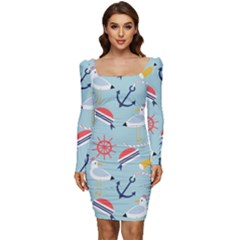 Nautical-marine-symbols-seamless-pattern Women Long Sleeve Ruched Stretch Jersey Dress