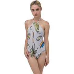 Vector-boho-doodle-feathers-seamless-pattern-illustration Go With The Flow One Piece Swimsuit by Salman4z