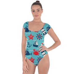 Seamless-pattern-nautical-icons-cartoon-style Short Sleeve Leotard  by Salman4z