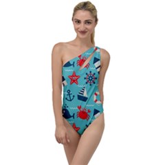 Seamless-pattern-nautical-icons-cartoon-style To One Side Swimsuit by Salman4z