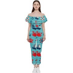 Seamless-pattern-nautical-icons-cartoon-style Off Shoulder Ruffle Top Jumpsuit by Salman4z