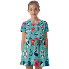 Seamless-pattern-nautical-icons-cartoon-style Kids  Short Sleeve Pinafore Style Dress by Salman4z