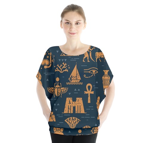 Dark-seamless-pattern-symbols-landmarks-signs-egypt Batwing Chiffon Blouse by Salman4z