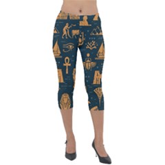 Dark-seamless-pattern-symbols-landmarks-signs-egypt Lightweight Velour Capri Leggings  by Salman4z