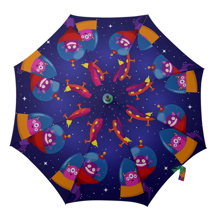 Cartoon-funny-aliens-with-ufo-duck-starry-sky-set Hook Handle Umbrellas (Large)