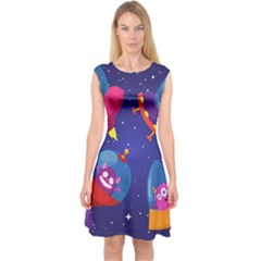 Cartoon-funny-aliens-with-ufo-duck-starry-sky-set Capsleeve Midi Dress by Salman4z