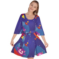 Cartoon-funny-aliens-with-ufo-duck-starry-sky-set Velour Kimono Dress by Salman4z