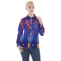 Cartoon-funny-aliens-with-ufo-duck-starry-sky-set Women s Long Sleeve Pocket Shirt